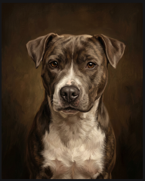 A gallery-style portrait of Axl, a brindle dog, framed and hanging in a darkened gallery
